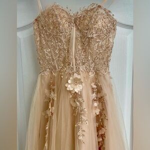Cinderella Divine Champagne Beaded Corset Tulle Dress XS Strapless Formal